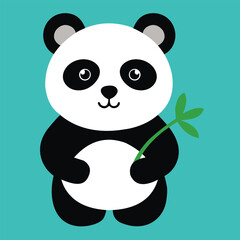 Cute panda bear holding a bamboo branch on a turquoise background, a charming illustration for childrens designs and artwork