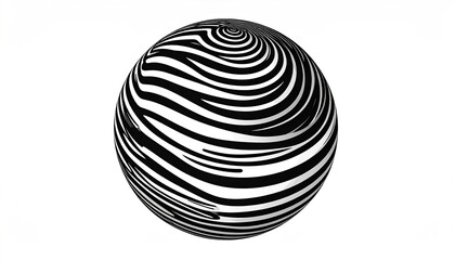 An op-art sphere with black and white curved stripes creating a visual illusion