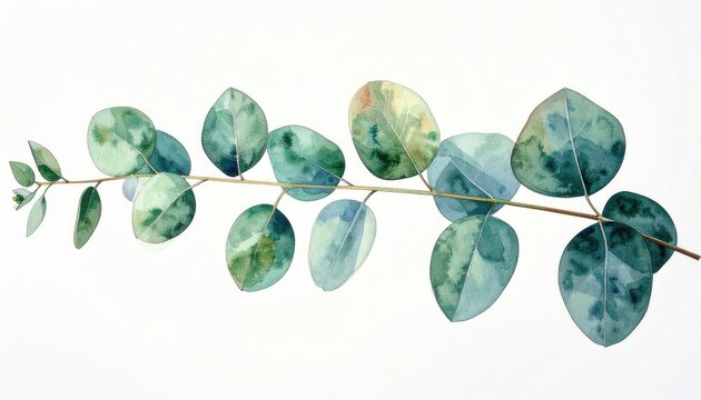 Watercolor illustration of eucalyptus branch, featuring round green and blue leaves