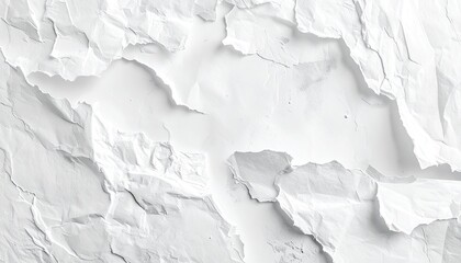 Close-up view of torn, textured white paper with various folds and open areas