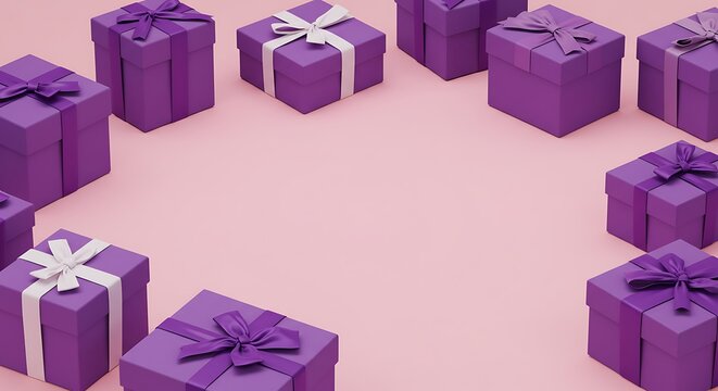 Gift boxes arranged in a circle on a pink background for presentation