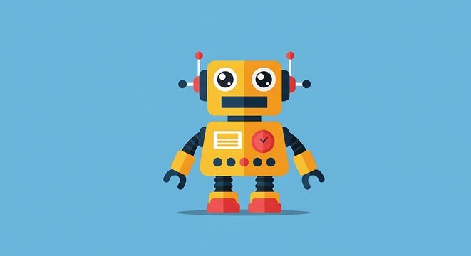 Cartoon robot illustration on blue background for technology designs
