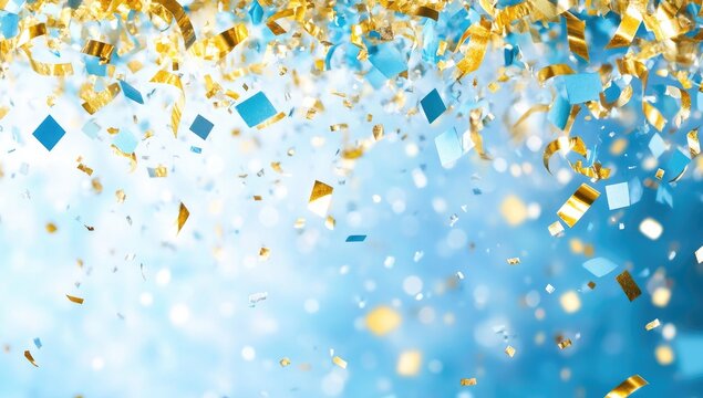 Falling gold & blue confetti on a bokeh light blue background