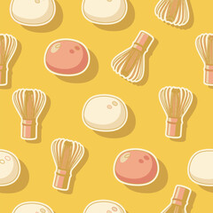 Cute Kawai Seamless Pattern of Japanese Mochi and Tea Whisk Stickers