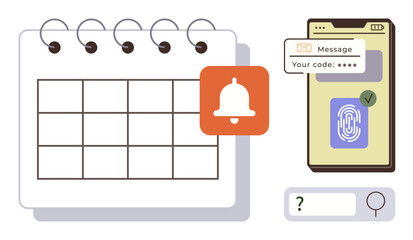 Calendar with notification alert, smartphone with fingerprint authentication and one-time code message, magnifying glass query icon. Ideal for security, alerts, productivity, scheduling