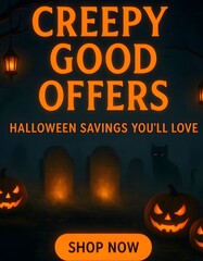 Creepy Good Halloween Offers Flyer with Pumpkins, Graveyard, and Spooky Cats