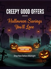 Creepy Good Halloween Offers Flyer with Pumpkins, Graveyard, and Spooky Cats