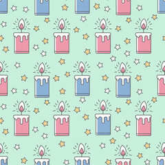 Cute Kawai Birthday Candles and Stars Seamless Pattern for Celebration