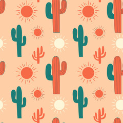 Fototapeta premium Seamless Pattern Cute Kawaii Desert Cacti Sun Illustration Graphic Design