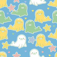 Cute Kawaii Seal Seamless Pattern with Starfish on Blue Background