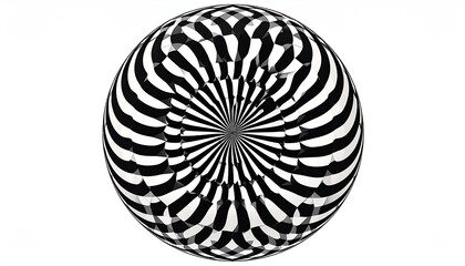 A black and white spherical optical illusion swirls across a white background