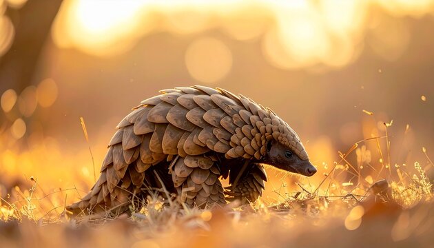 Pangolin Walks Through Golden Grassland at Sunset, An African Pangolin Amidst Dry Grass With Golden Light Streaming Through The Background