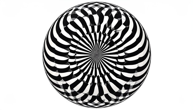 A black and white spherical optical illusion swirls across a white background