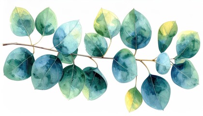 Watercolor depiction of a branch with round, blue-green leaves, isolated on white