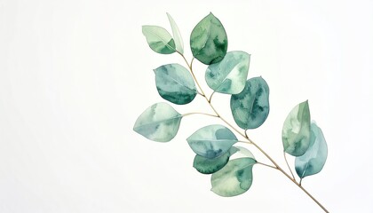 Watercolor painting of eucalyptus branch with green-blue leaves on white backdrop