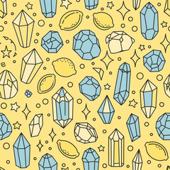 Seamless Pattern Cute Kawaii Illustration Featuring Crystals and Lemons in a Fun Design