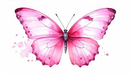 Watercolor illustration of a pink butterfly with open wings and pink paint splatters