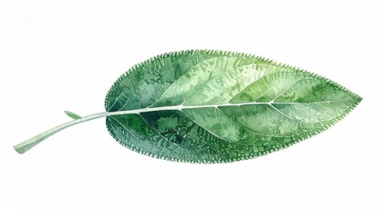 Watercolor of a single green leaf, veins visible, on white background