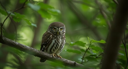 Small owl perched on branch in forest with green foliage and daylight