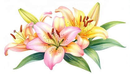 Watercolor bouquet of blooming lilies, in shades of pink, yellow, & orange, with green leaves