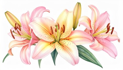 Watercolor illustration of beautiful, open lilies in shades of peach and yellow