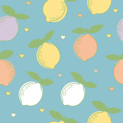 Seamless Cute Kawaii Lemon Pattern, Pastel Colors, Summer Theme, Repeating Design, Fresh Fruits
