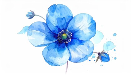 Watercolor illustration of a single, vibrant blue flower with buds and a white background