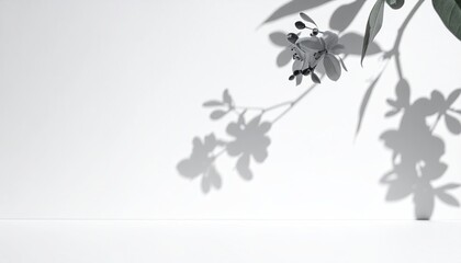 Monochrome view of a delicate floral branch, showcasing shadows on a bright backdrop
