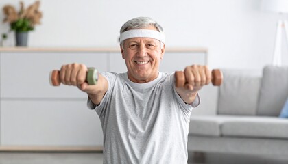 Active Senior Smiling While Exercising with Weights at Home, Healthy senior man working out with dumbbells in a bright and modern living room