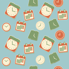 Seamless Pattern Featuring Cute Kawaii Calendars and Clocks in a Retro Style Design