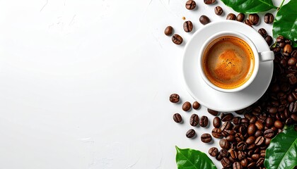 A cup of dark, rich brew surrounded by beans and leaves on a bright surface