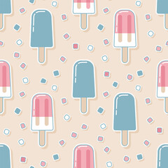 Seamless Pattern of Cute Kawaii Ice Cream Popsicles and Colorful Confetti on a Creamy Background