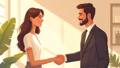 An illustrated business handshake between a woman and a man in a bright office setting, showing mutual agreement and partnership