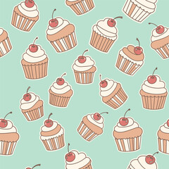 Seamless Pattern of Cute Kawaii Cupcakes with Cherries on a Light Green Background