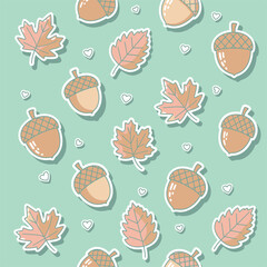 Seamless Kawaii Cute Autumn Pattern Design Acorns, Leaves, and Hearts on Mint Background