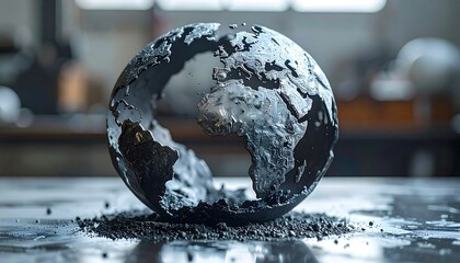 A metallic globe, slightly damaged, sits on a dark surface