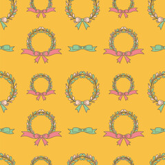 A charming Cute Kawai seamless pattern featuring hand-drawn floral wreaths and pink ribbons on a yellow background
