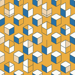 Obraz premium A charming Cute Kawai Seamless Pattern featuring geometric isometric cubes and blocks on a yellow background