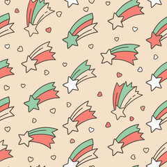 Naklejka premium Cute Kawai Seamless Pattern with Colorful Shooting Stars and Hearts
