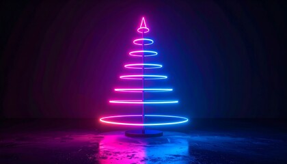 A minimalist neon Christmas tree outline in pink and blue against a dark background