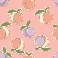 Obraz premium Adorable sticker style fruit illustration featuring a cute Kawai seamless pattern of pastel peaches on a pink background