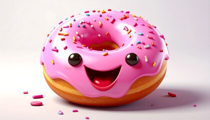 An illustrated, cheerful donut with pink frosting, colorful sprinkles, and a smiling face. The dessert sits on a white surface