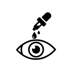 This simple yet poignant design features a single eye dropper bottle administering one or two drops into an open, watchful eye. The image represents routine eye care, treatment, prevention