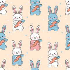 Seamless Pattern of Cute Kawai Rabbits Holding Carrots. Adorable Cartoon Bunny Background for Children