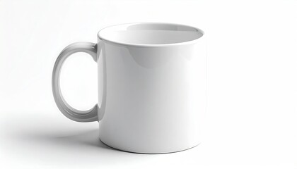 A simple, white ceramic mug with a curved handle rests on a white surface