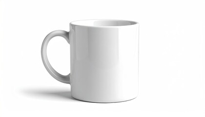 Fototapeta premium A white ceramic mug with a handle, casting a subtle shadow on a bright white backdrop