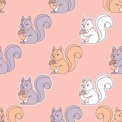 Seamless pattern featuring a cute Kawai squirrel with an acorn on a pastel pink background