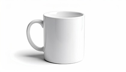 Obraz premium A plain white ceramic mug with a handle sits on a white background