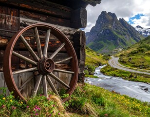 Fototapeta premium Rustic cabin beside mountain road