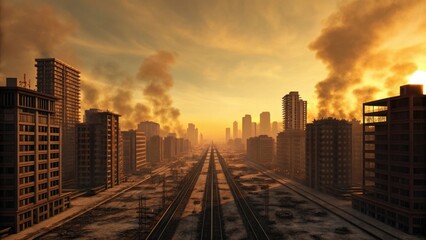 Post apocalyptic cityscape with smoke rising from burning buildings under a dramatic orange sky